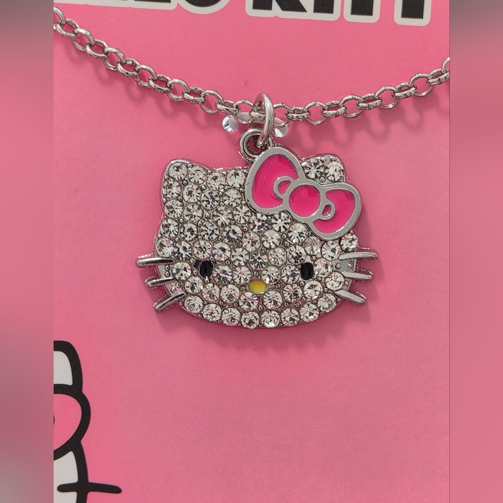 Hello Kitty Rhinestone Pendant Necklace Silver Tone Chain 18” Cute Sanrio Jewelr